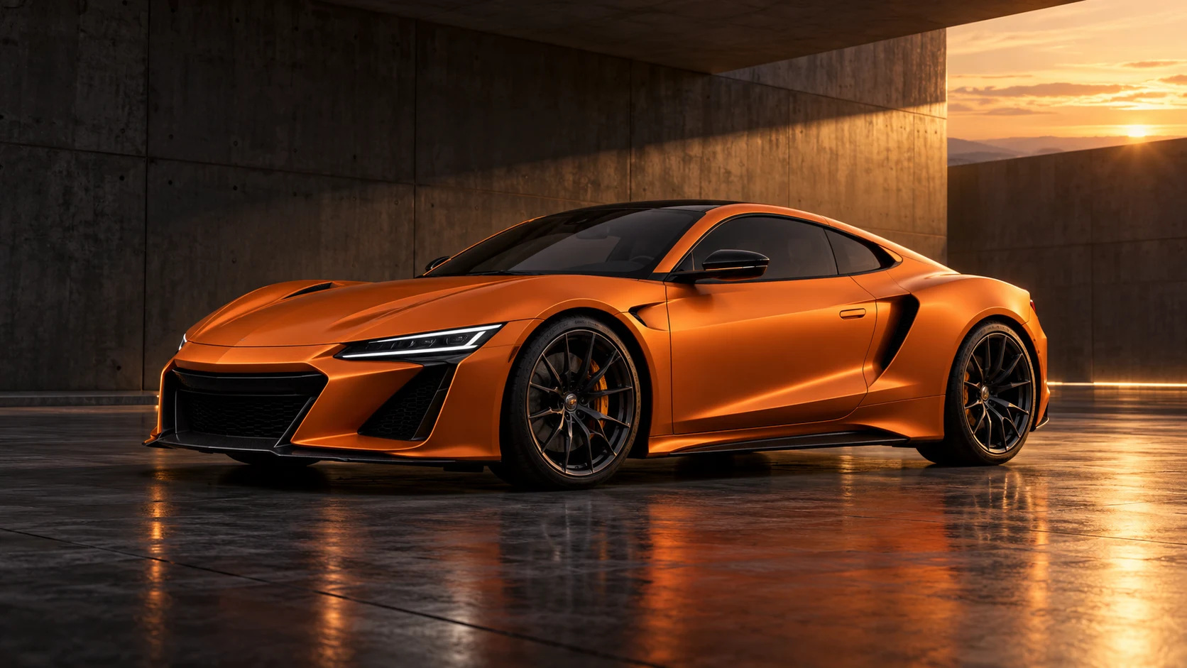 Illustrative satin orange sports car wrap in a modern studio