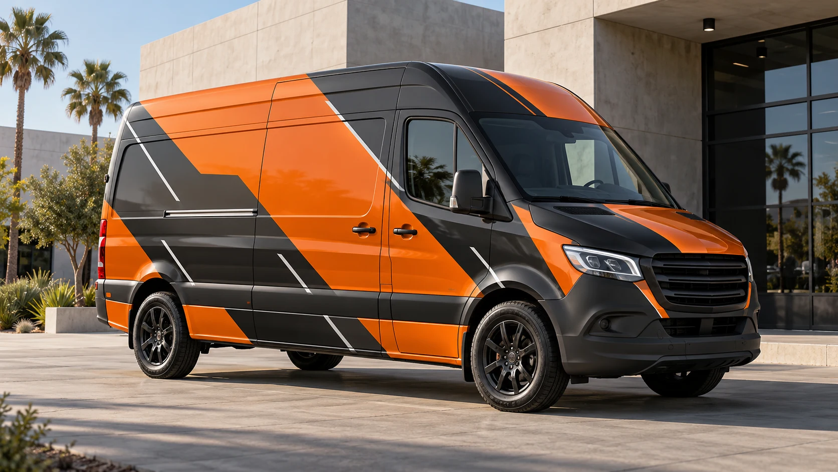 Illustrative commercial van with orange and charcoal wrap graphics